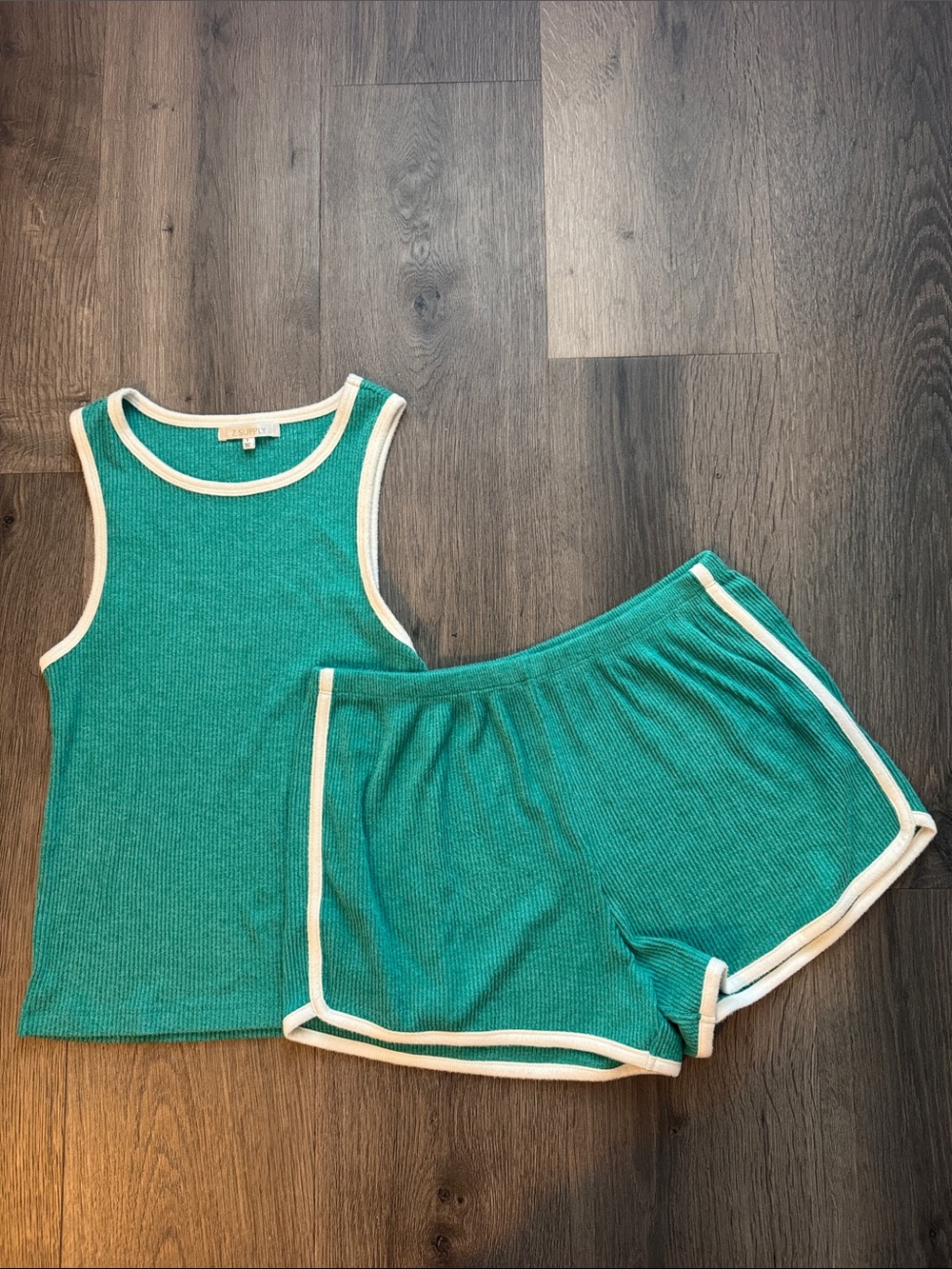 Z Supply Ribbed Green Ribbed Tank & Shorts Set with White Trim